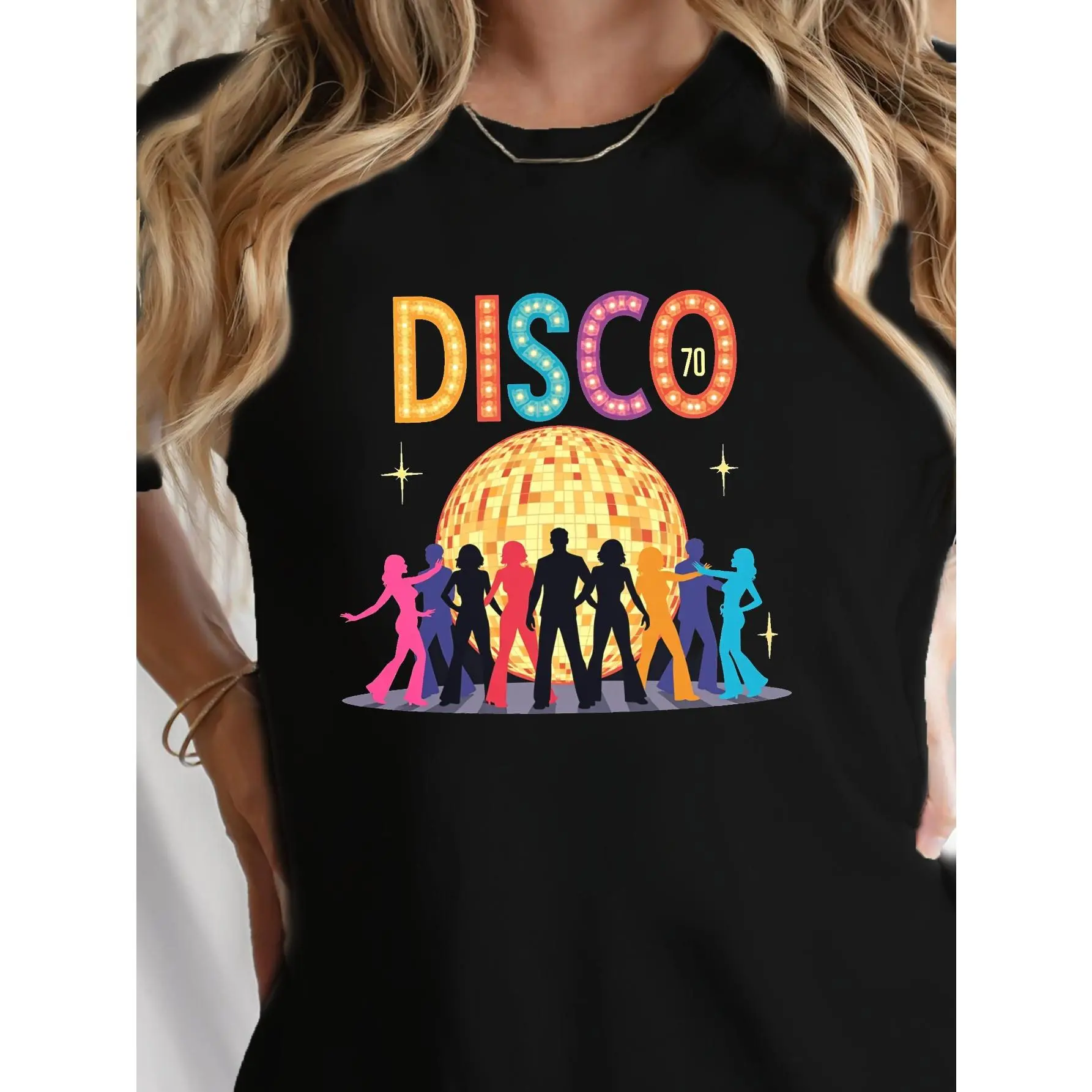 Women's Retro 70s Disco Dance Party Graphic T-Shirt - Chic, Comfy, Loose Shortsleeve Crew Neck Undershirt, Vibrant Dancing Silhouettes & Disco Ball Print, Soft Stretchy Medium Elasticity Fabric for Spring Summer Concerts
