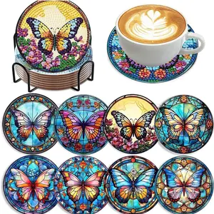 8-Piece Butterfly Pattern Diamond Painting Wooden Coasters Set, DIY Creative Diamond Art for Home Decor & Holiday Decoration, Decorative Coaster