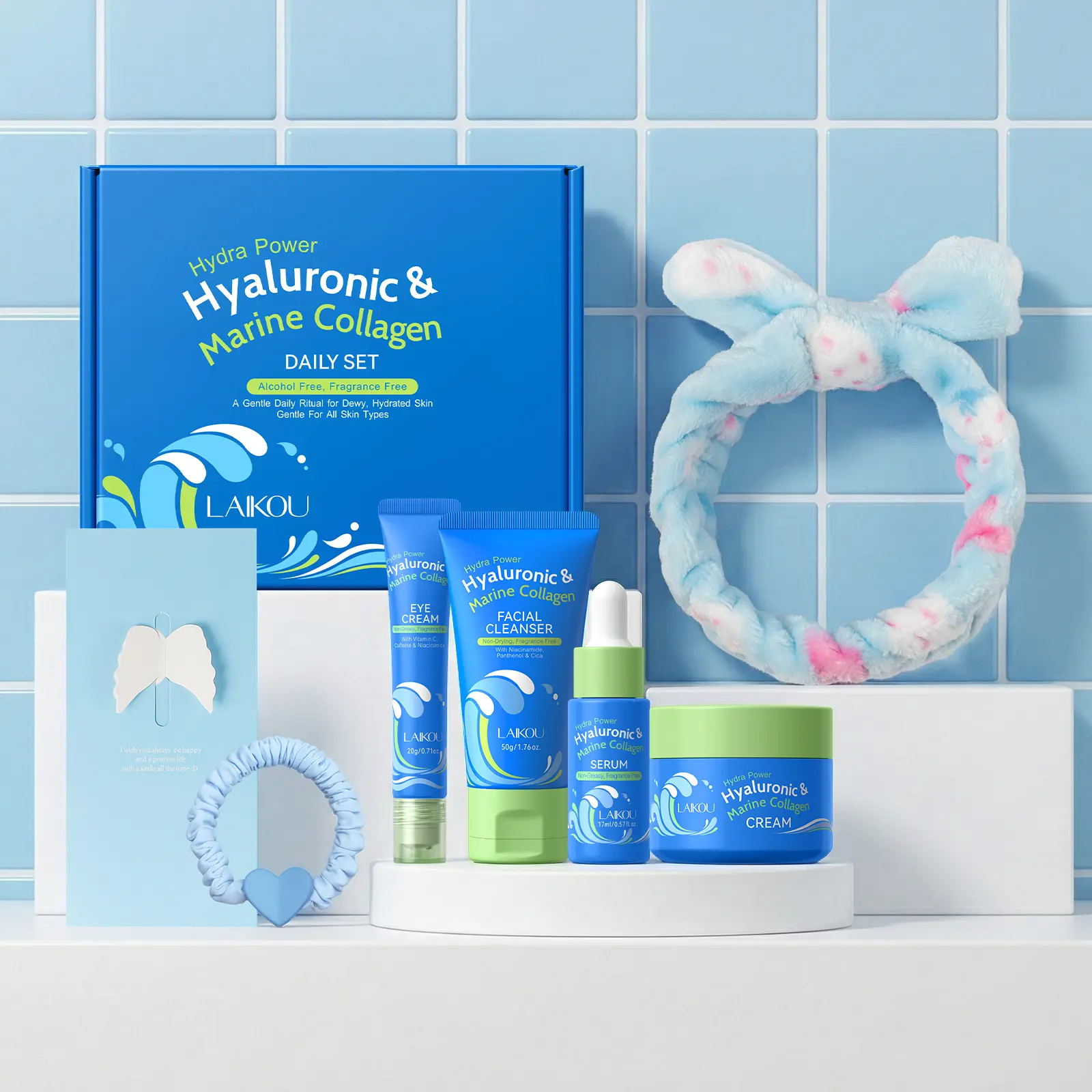 LAIKOU Hydra Power Skincare Set – Hyaluronic Acid & Marine Collagen Skincare – Skincare Kit with Facial Cleanser, Serum, Cream, Eye Cream, Headband, Hairpin – Non-greasy, fragrance-free – Beauty gift