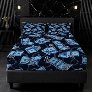 3Pcs Dollar Bill Print Fitted Sheet Set, No Pillow Core, Streetwear Style Deep Pocket Mattress Protector for Home & Teens