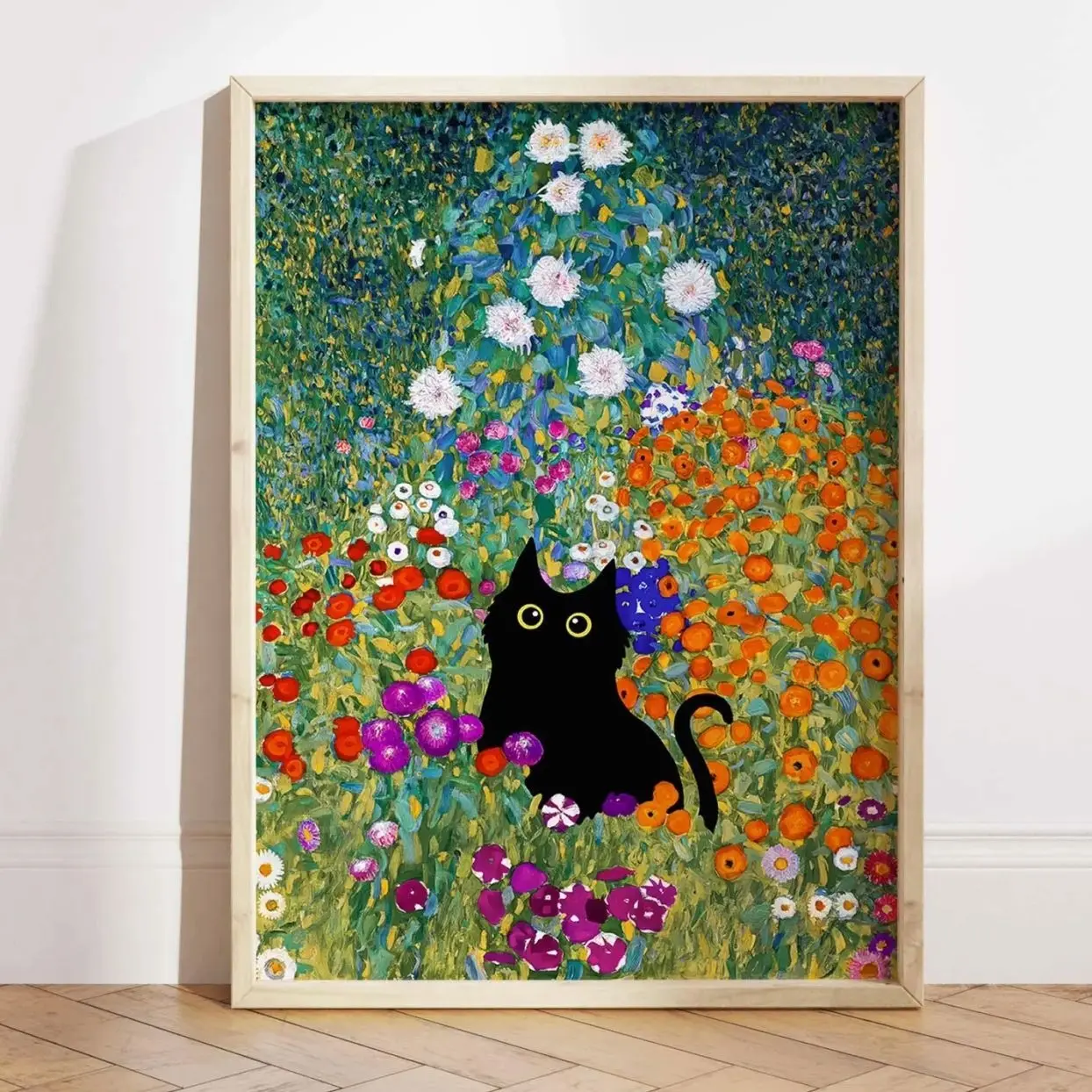 Klimt Inspired Garden Cat Poster Black Cat Floral Wall Art Home Decor Print J