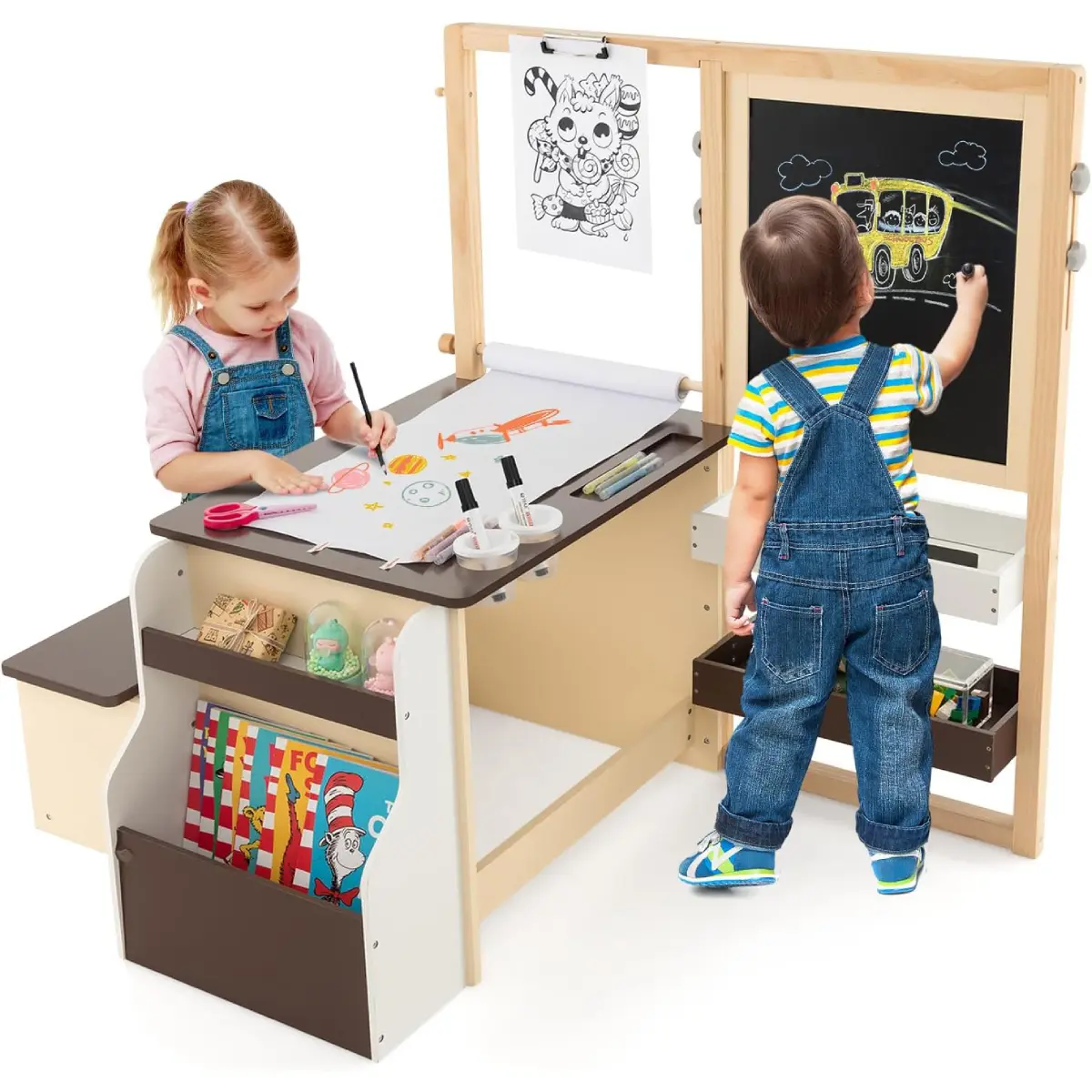 Costzon Kids Wooden Easel Learning Tool - Wood Construction, Double-Sided Blackboard-Whiteboard, Paper Roll, Storage, Adjustable Desk, Table-Top 110 lbs, 1 Bookshelf, 1 Dry Eraser, Activity Table-Chair Set for Unisex Kids’ Drawing & Crafts