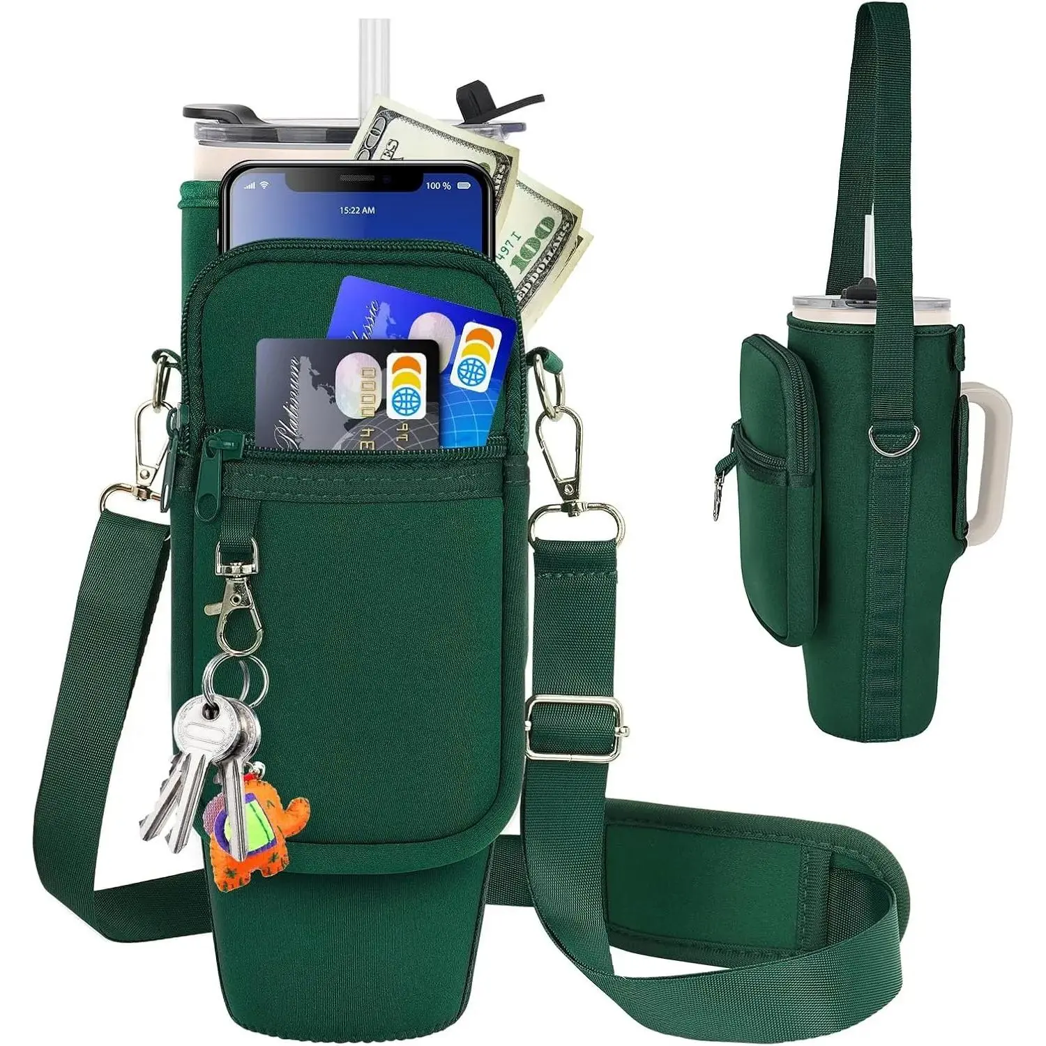 Water Bottle Carrier Bag with Phone Pocket Compatible with Stanley/Meoky 40 oz Tumbler with Handle,Water Bottle Holder Pouch with Adjustable Strap Compatible with Stanley Cup Accessories Drinkware Detachable Sturdy Portable
