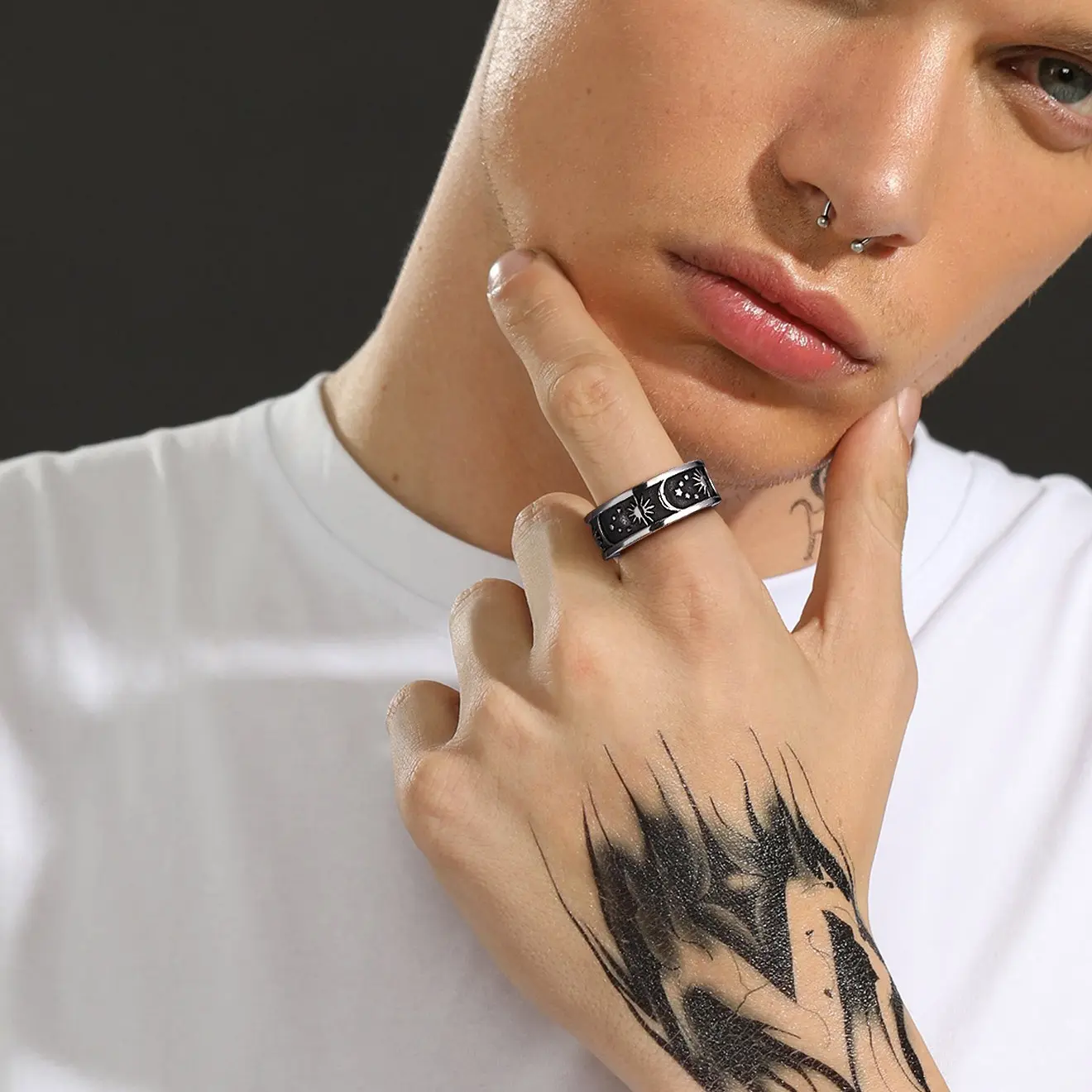 FaithHeart Ring for Men Women, Gothic Boho Style Sun Moon Star Band in Stainless Steel, Hypoallergenic Celestial Jewelry, Boho Style Rings, Unisex Names, Beautiful Rings