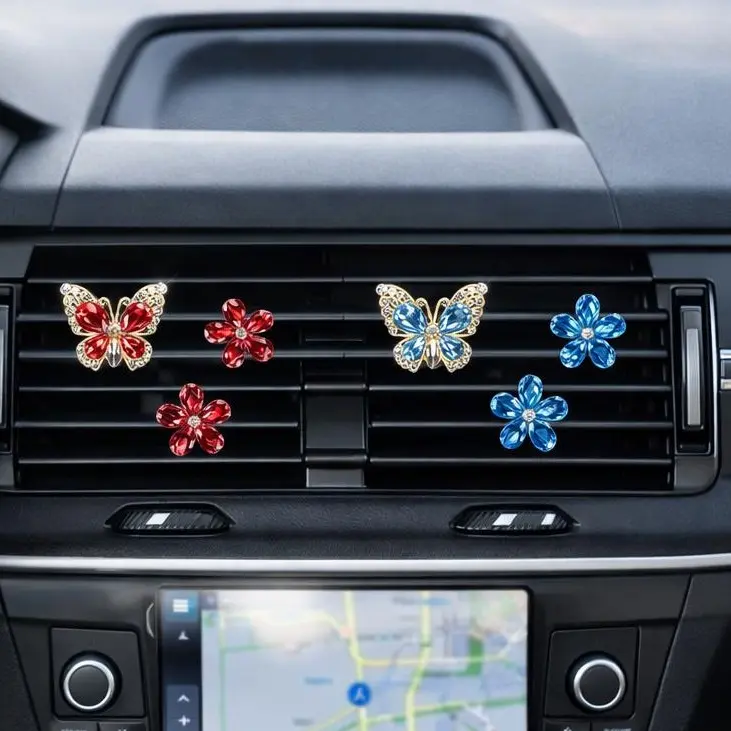 3PCS Crystal Butterfly Flower Car Air Vent Clip Decor, Air Conditioning Vent Ornament, Refillable Scent Pad included, Rhinestone Car Interior Decoration, Cute Auto Accessories, Car Accessories Pink, Universal Car Accessories