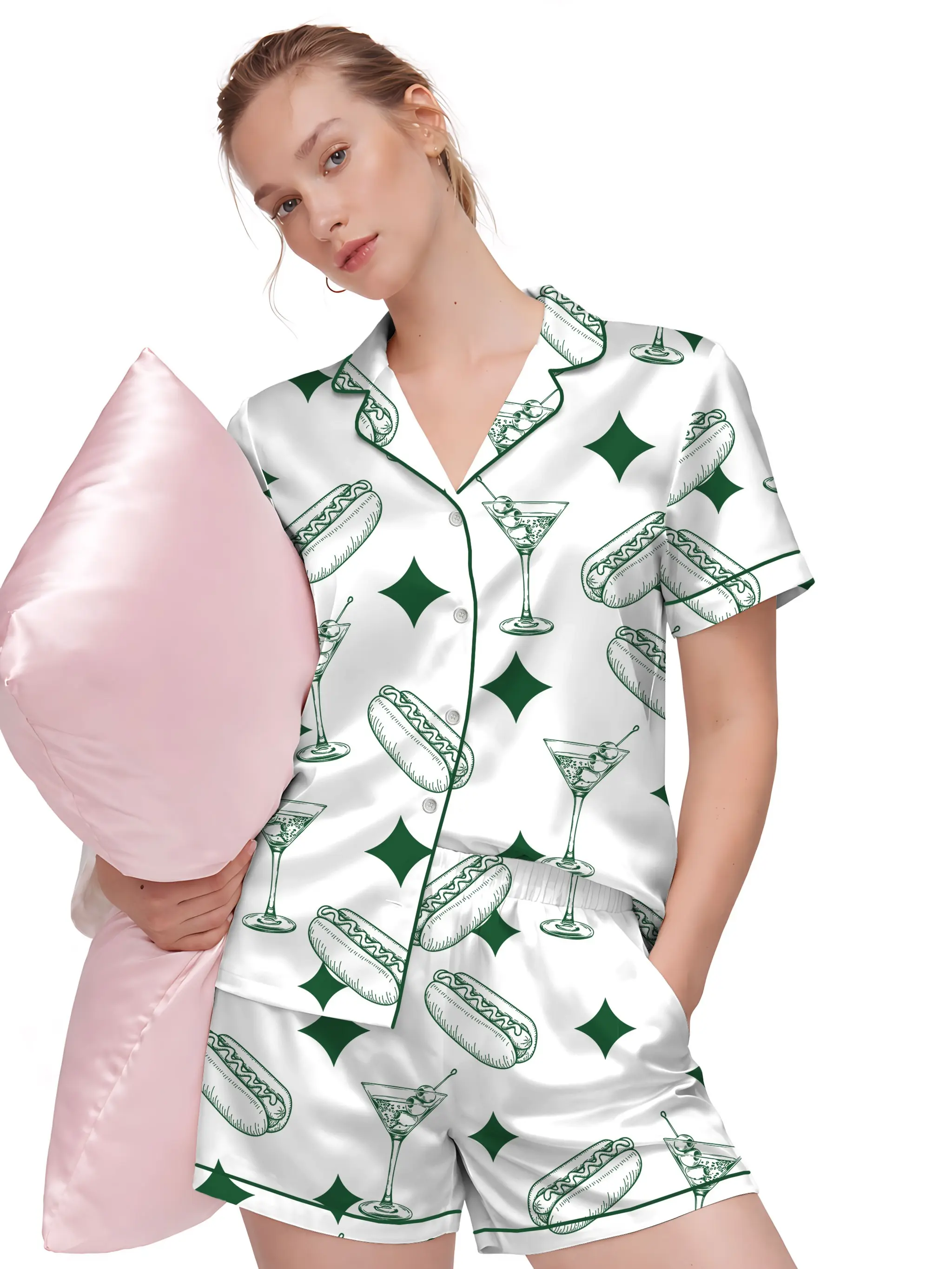 Men’s Pajama Sets, Tinis and Weenies Dirty Martini Satin Pajama Set, Short Sleeve Sleeping Clothes, Fun Party Pajama Set, Comfortable Loungewear Pajama for Men, Soft Satin Sleepwear