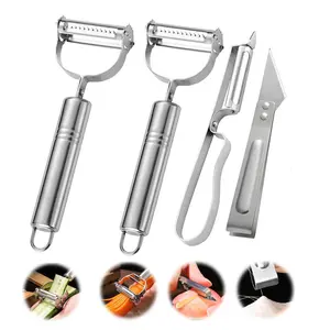 4-pcs set Stainless steel peeling knife,fruit peeler, apple peeler, pear peeler; carrot, potato, cucumber peeler and grater; chicken and duck poultry feather remover, Metallic Silver