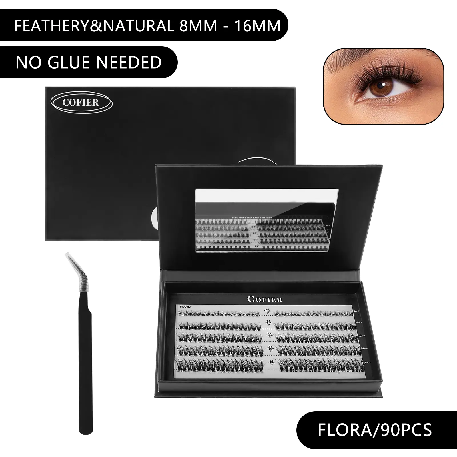 (Airy & Natural) Cofier DIY Lash Kit Press-on No-Glue Self-Adhesive Eyelashes for an Effortless, Seamless Look Beginner-Friendly Lightweight Individual Lashes with Tweezers 90 PCS #Summervibes