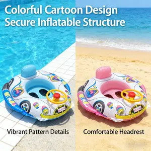 Cartoon Car Shaped Inflatable Pool Float, Cute Cartoon Print, Interactive Steering Wheel Design, Thickened PVC, Fun Float for Summer Water Play
