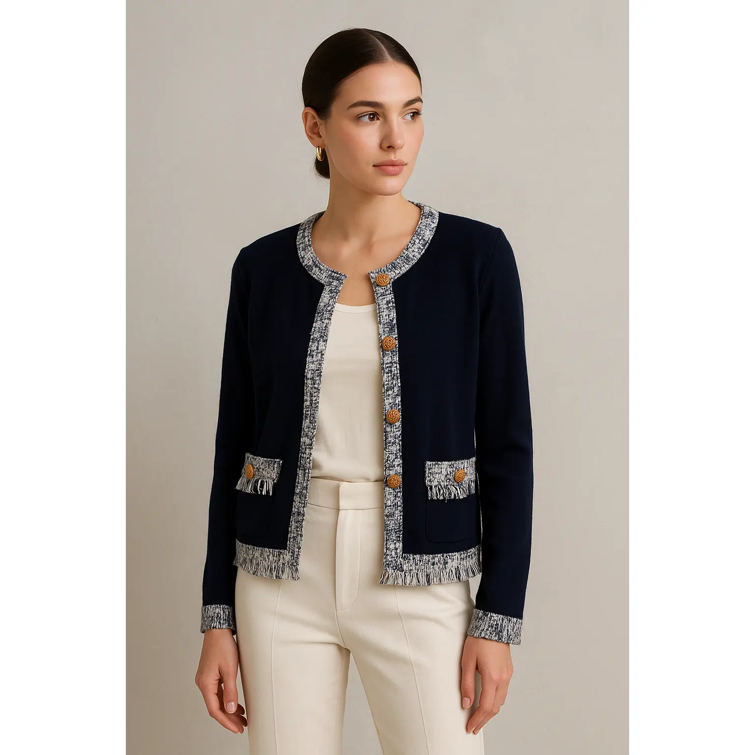 The Elle Tweed-Trim Cardigan