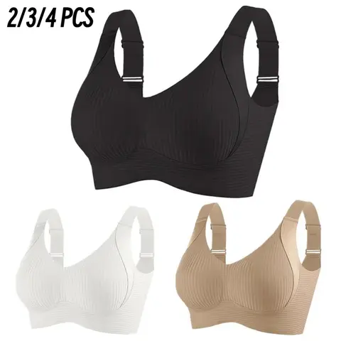 EssElegance Women's Basic Wire Free Push Up Bra, Solid 4 Hook and Eye Adjustable Full Coverage Lingerie, Soft Breathable Ribbed Seamless All Season Underwear