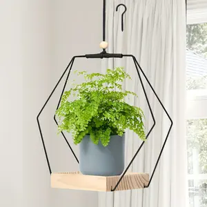 Boho Macrame Wall Hanging Planter Holder with Hexagon Wood Base for Indoor Plants, Black Geometric Home Window Room Decor, Plant Hanger for Shelf, Hanging Plant Basket, Hanging Flower Pots (Pot & Plant Not Included)