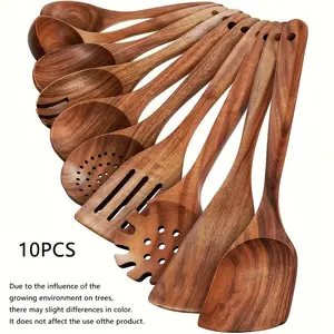 10pcs Premium Wooden Kitchen Utensils Set, Wooden Cooking Tools, Ergonomic Handle, Non-Stick Pan Spoons, Natural Wood Spatulas & Scrapers, Salad Spoon, Noodle Scoop