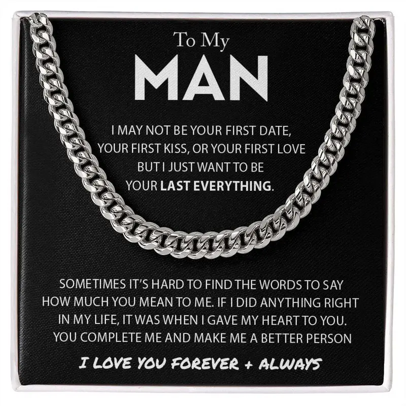 To My Man Cuban Link Chain Necklace Promise Necklace Gift Set - I Love You Forever & Always Boyfriend Men Husband Cuban Chain Necklaces