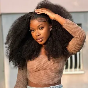 MORE FACE Afro Kinky Curly Wear And Go Glueless Wigs Pre Cut Lace 7x5 Lace Closure Wigs Pre Bleached Human Hair 100% Wigs