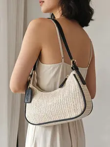 Summer Essential Woven Bag, Simple Fashionable Shoulder Bag, Versatile Commuter Women's Bag, Elegant Y2K Underarm Bag, Colorblock Crescent Bag, Shoulder Bag Purse, Color Blocked Bag