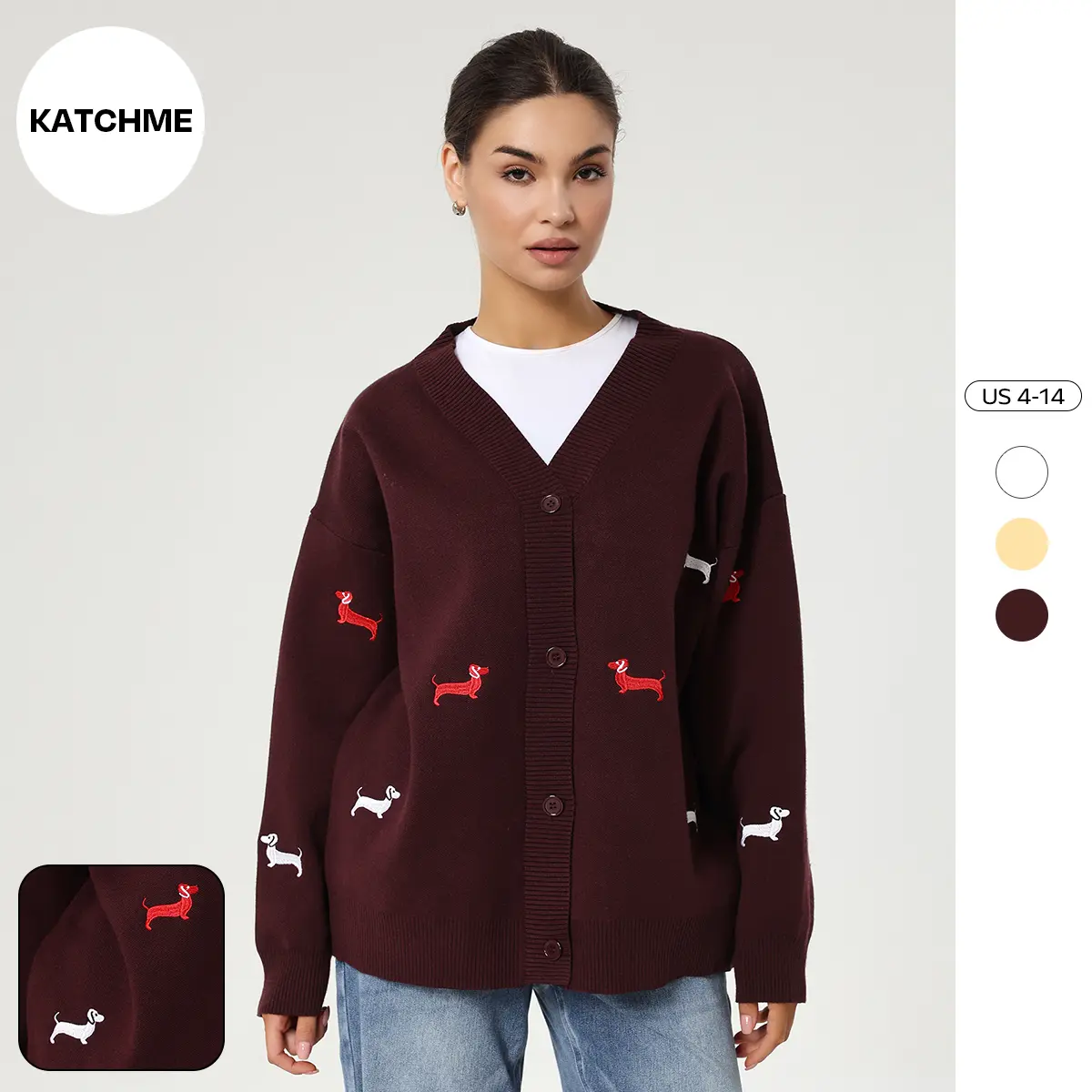KatchMe Women's Slouchy V-Neck Puppy Embroidered Button-Up Oversize Long Sleeve Cardigan, Casual Knit Clothing for Daily Wear, Fall & Winter Outerwear
