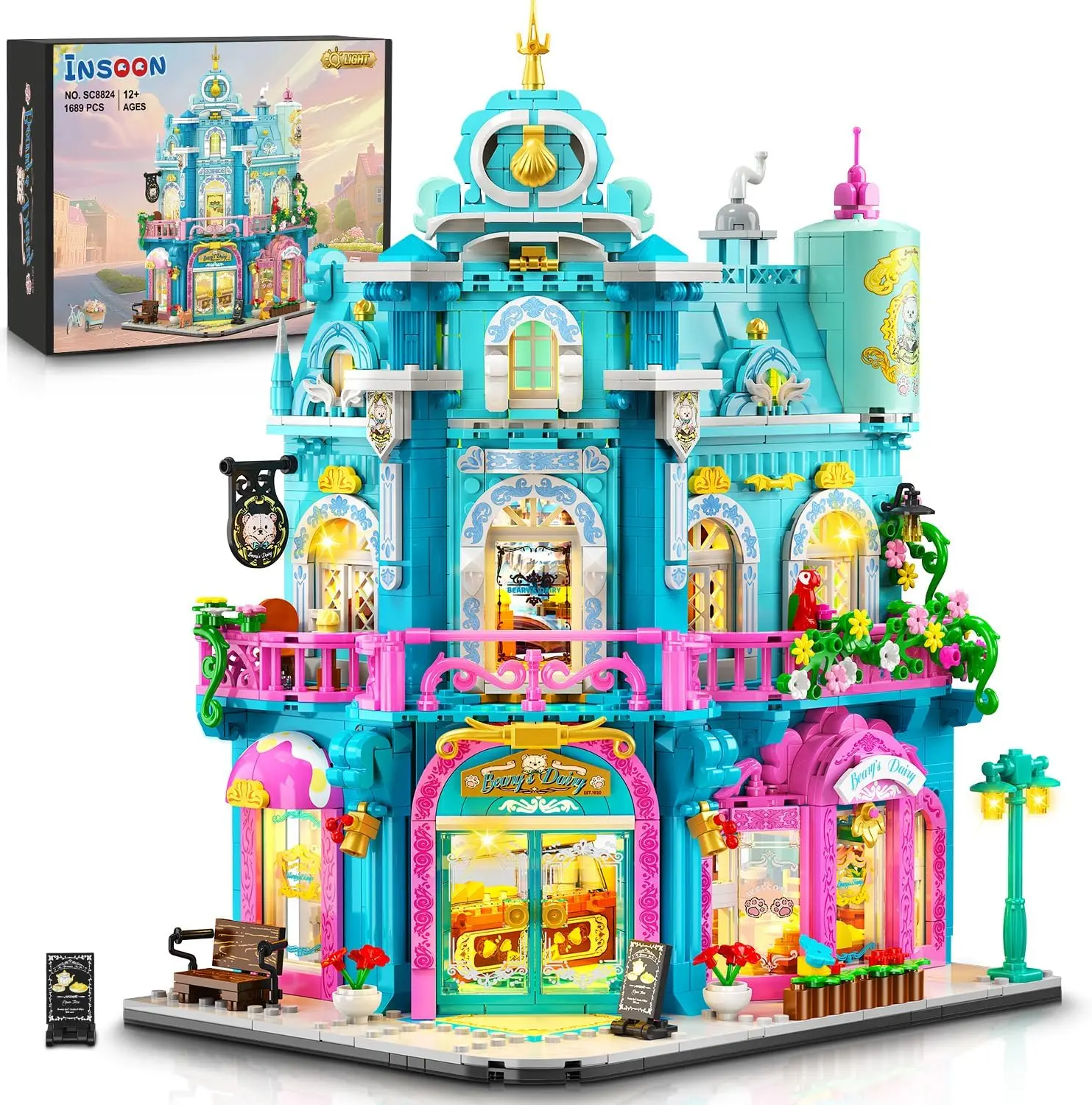 1689 PCS Castle Dairy Bakery Building Set, European Look Architecture with Lighted Floors, Safe Plastics City Model Kit, Home Decor Toy for Teens & Adults Ages 12+ (Includes Milk, Cake, Bread Elements)