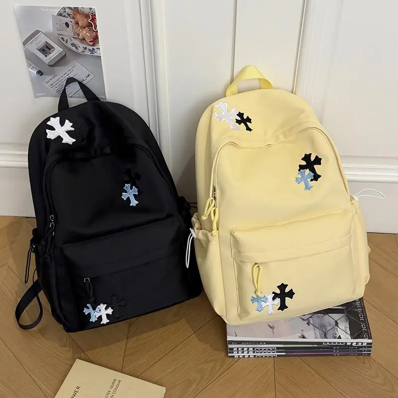 Off White Cross Patch Backpack, Black & Light Blue Denim Cross Embroidery Large Capacity School Bookbag, Streetwear Casual Travel Daypack for Boys Girls
