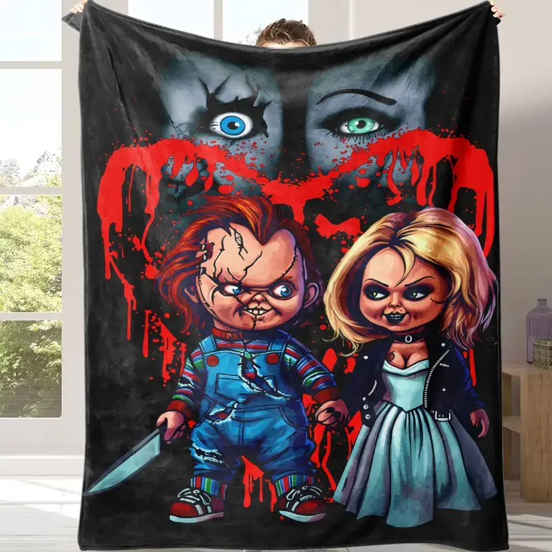 Chucky & Tiffany Gothic Movie Flannel Throw Blanket, Iconic Horror Character Soft Warm All-Season Cover for Sofa Office Home Travel, Spooky Gothic Home Decor, Perfect Birthday Holiday Gift for Horror Movie Fans