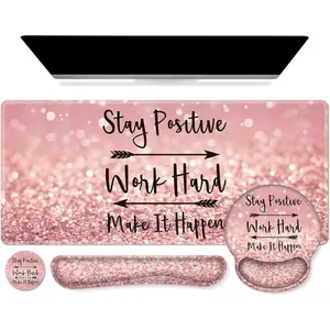 Large Pink Desk Mat, 4-in-1 XXL Mouse Pad with Keyboard Wrist Rest, Mouse Wrist Rest and Coaster Set for Home Office Computer Use-Pink