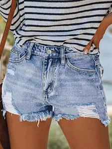 High Waist Ripped Denim Shorts, Fitted American Street Style, Raw Hem Washed Look, Vintage, Perfect for Summer and Music Festivals
