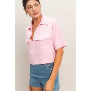 Collared V-Neck Top - Pink