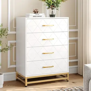 Dresser for Bedroom with 4 Drawer, Modern Dressers Chest of Drawers, with Wide Drawers and Metal Handles, Wood Dressers, White, island desk, Wooden Storage Cabinet