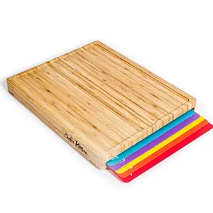 Wooden Kitchen Cutting Board Set with 6 Color-Coded Flexible Plastic Boards