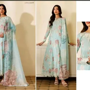 3pc Stitched beautiful lawn suit with chickenKari embroidery work frock style without lining