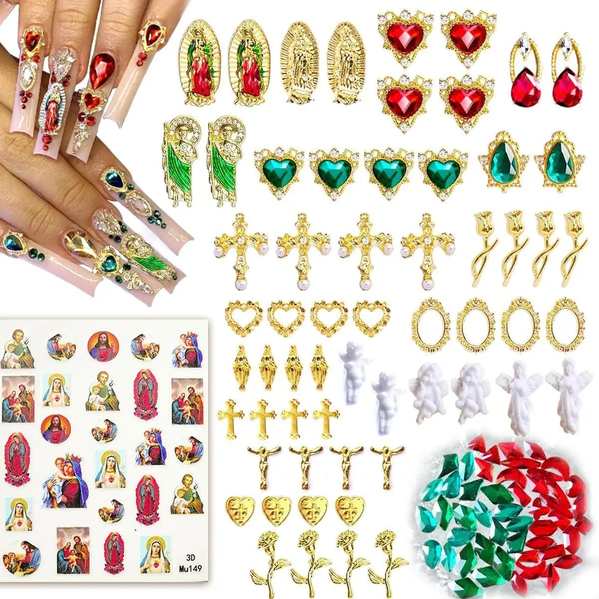 107pcs Virgin Mary Cross Gold Nail Charms Gems,San Judas Nail Charms 3D Alloy Heart Rose Angel Rhinestones for Acrylic Nail Art Religious Nail Stickers Manicure Decoration Supplies (Green, Red, Gold)