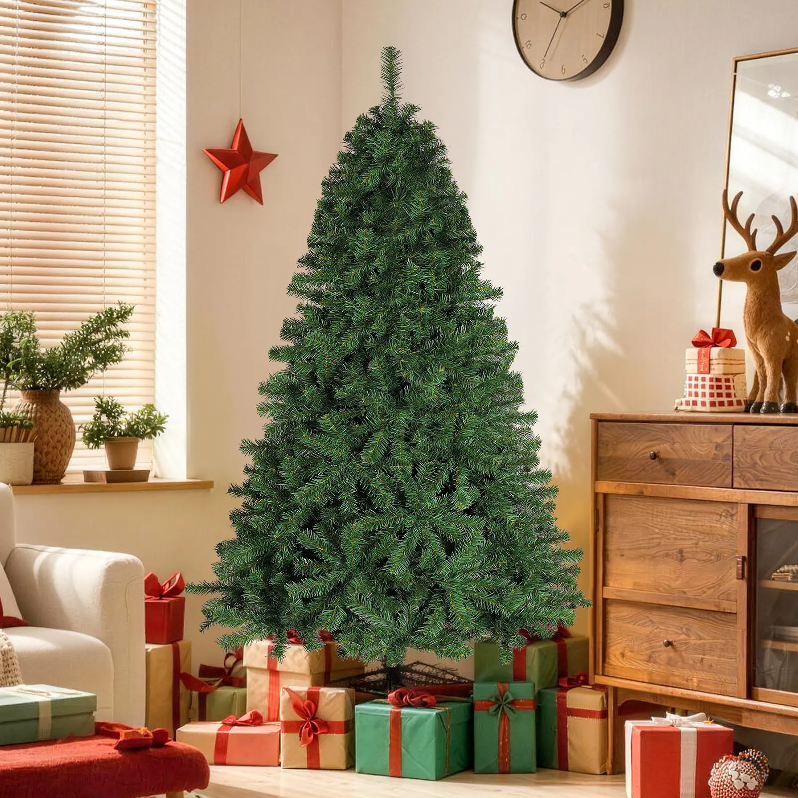Okicoler 6.5FT Unlit Artificial Christmas Tree with 1000 Dense Branch Tips, 3-Section Hinged Spruce Tree with Foldable Metal Stand for Indoor Holiday Decor