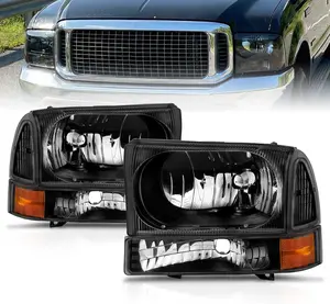 AmeriLite for 1999-2004 Ford Super Duty F250 F350 F450 F550 | Excursion Black Factory Style Replacement Headlights w/Corner Bumper Corner Set - Passenger and Driver Side