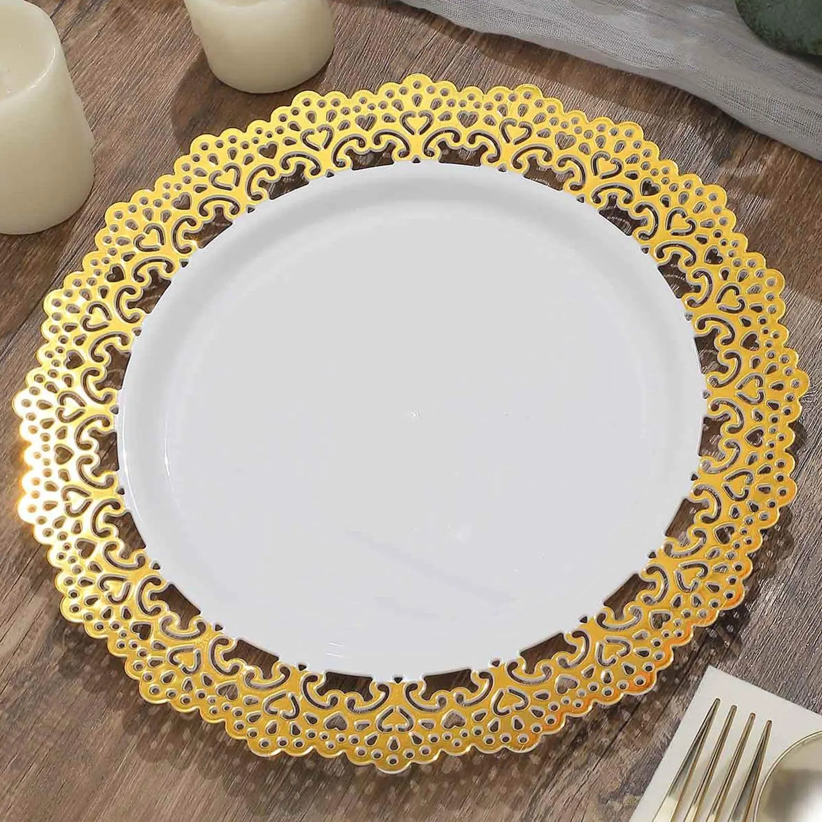 10-Pack 10" White Elegant Plastic Round Dinner Plates with Gold Lace Rim - Disposable Gold Plastic Dinnerware for Weddings, Sophisticated Events, Elegant Plastic Plates