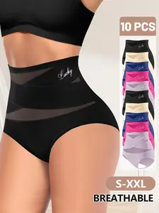 10-Pack High-Waisted Tummy Control Women's Underwear, Soft, Elegant Breathable Sheer Mesh, Cross Design Ice Silk Seamless Bikini Panties