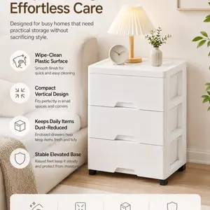 3-Drawer Plastic Storage Cabinet, Nightstand Cabinet, Plastic Organizer Cabinet, features thickened dustproof design, smooth surface, and white style. Suitable for storing bedroom, bathroom essentials, Clear front for easy viewing