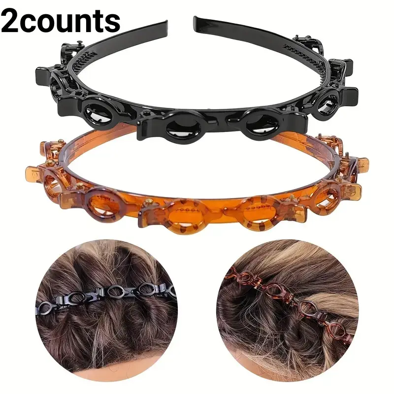 2Pcs Braiding Hair Headband with Built-in Small Clips, Women DIY Twist Plaiting Hair Hoop, Non-Slip Hairstyle Making Hairband for Daily Makeup Hair Styling