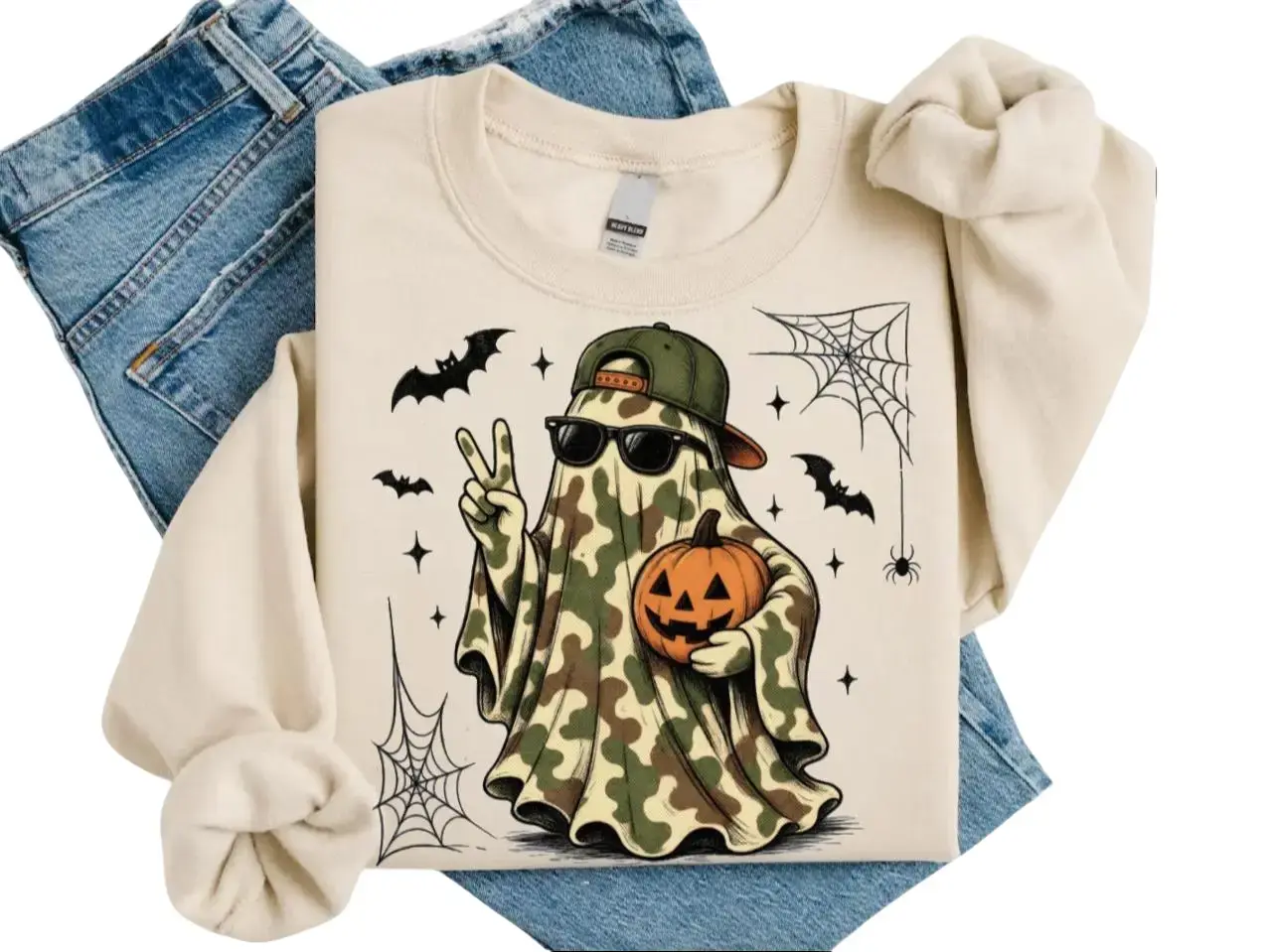 Camo Ghost Sweatshirt Or T-Shirt, Halloween Ghost Shirt, Cool Ghost with Pumpkin Tee, Camo Halloween Gifts, Camouflage Tee, Hunting Shirt, For Him Her