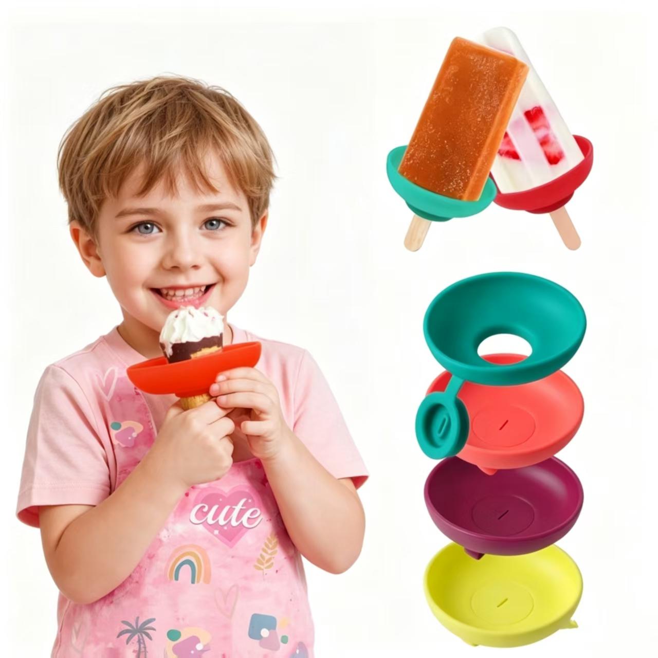 Portable Silicone Kids Ice Cream Cone Utensils - Anti-Drip Tray, Reusable Mess-Free Support Stand, Popsicle Accessory for Camping Camp Kitchen Essentials for Toddlers