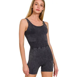 Zenana Washed Sports Romper With Removable Bra Pad