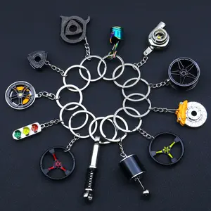 12 Car Accessories Model Keychains Metal Brake Caliper Traffic Light Turbocharger Wheel Rim Turntable Steering Wheel Keychain Pendant Gift