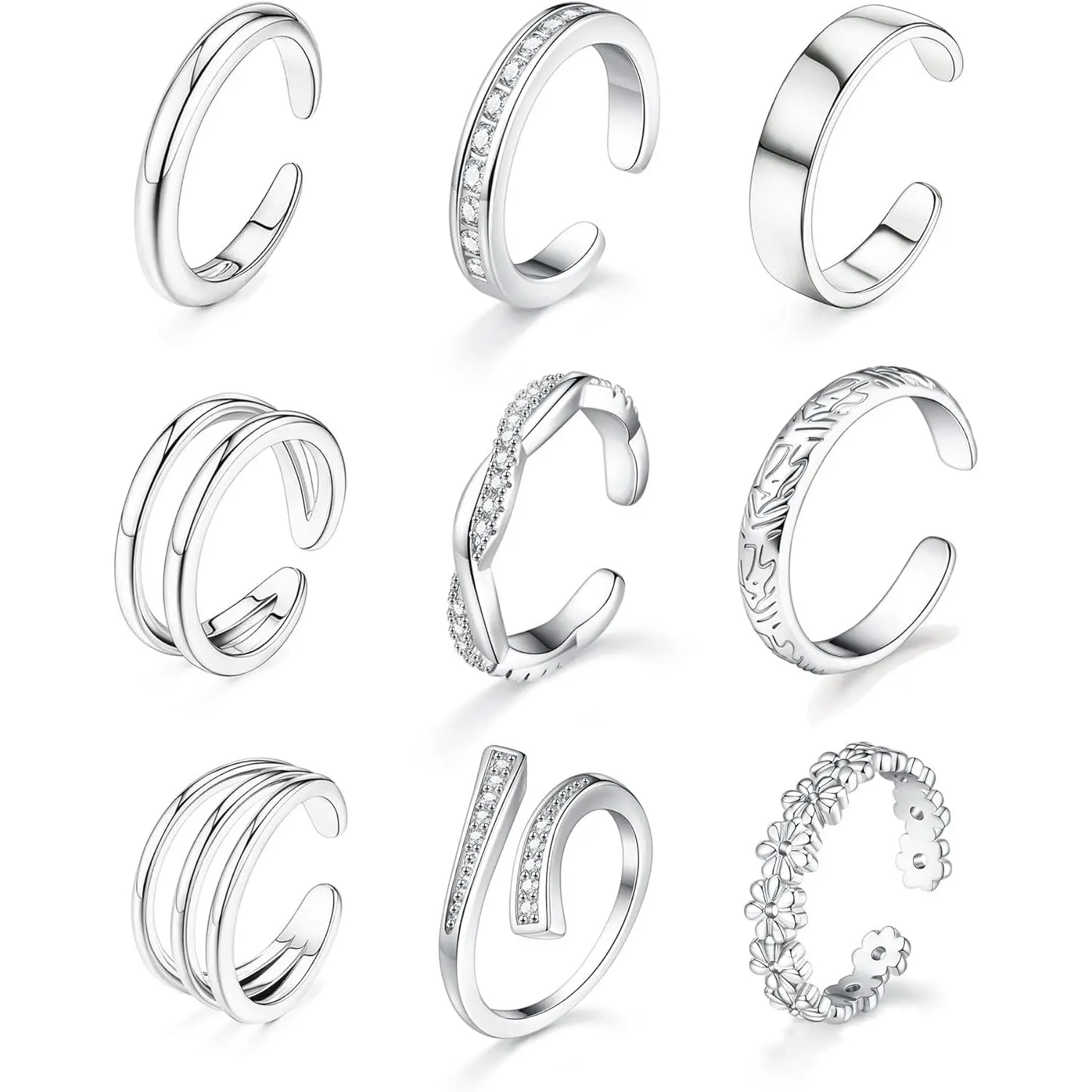 Women's 9-Piece 18 Karat Gold Filled & Silver Adjustable Copper Base Stackable Toe Rings, Fashion Body Jewelry for Summer Beach