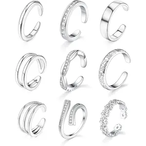Women's 9-Piece 18 Karat Gold Filled & Silver Adjustable Copper Base Stackable Toe Rings, Fashion Body Jewelry for Summer Beach