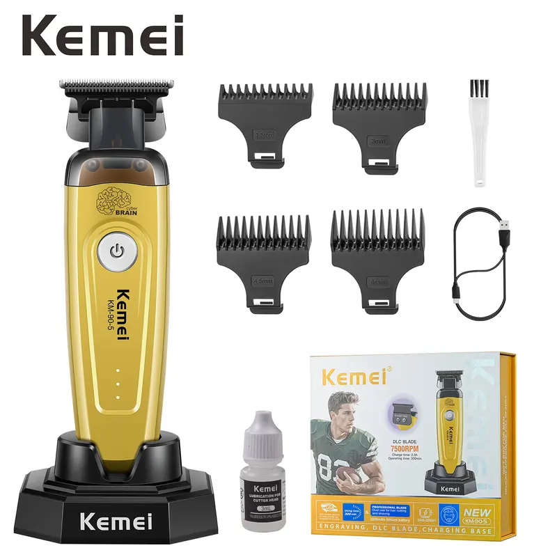 Kemei KM-90-5 Professional Cordless Rechargeable Men's Hair & Beard Trimmer Machine - High Quality Trimmer with 7500 RPM Gap-Free T-Shaped Blade Clippers, Cells, 240 Minutes Runtime for Smoothing Grooming & At-Home Needs