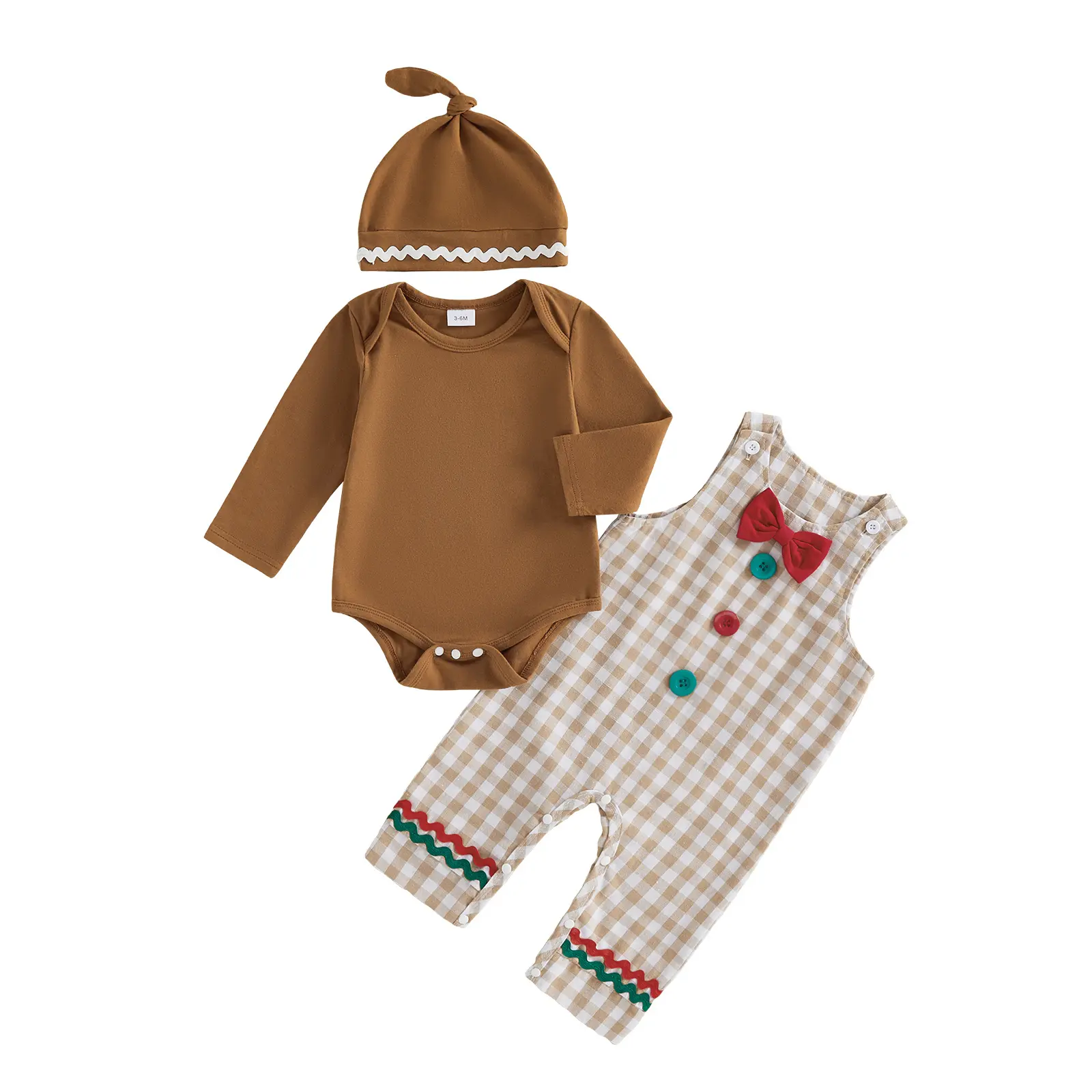 Infant Baby Boy Christmas Outfits Long Sleeve Romper and Plaid Print Overall Pants Matching Hat Set Fall Winter 0-18 Months