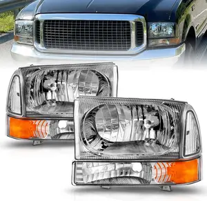 AmeriLite for 1999-2004 Ford Super Duty F250 F350 F450 F550 | Excursion Chrome Factory Style Replacement Headlights w/Corner Bumper Corner Set - Passenger and Driver Side