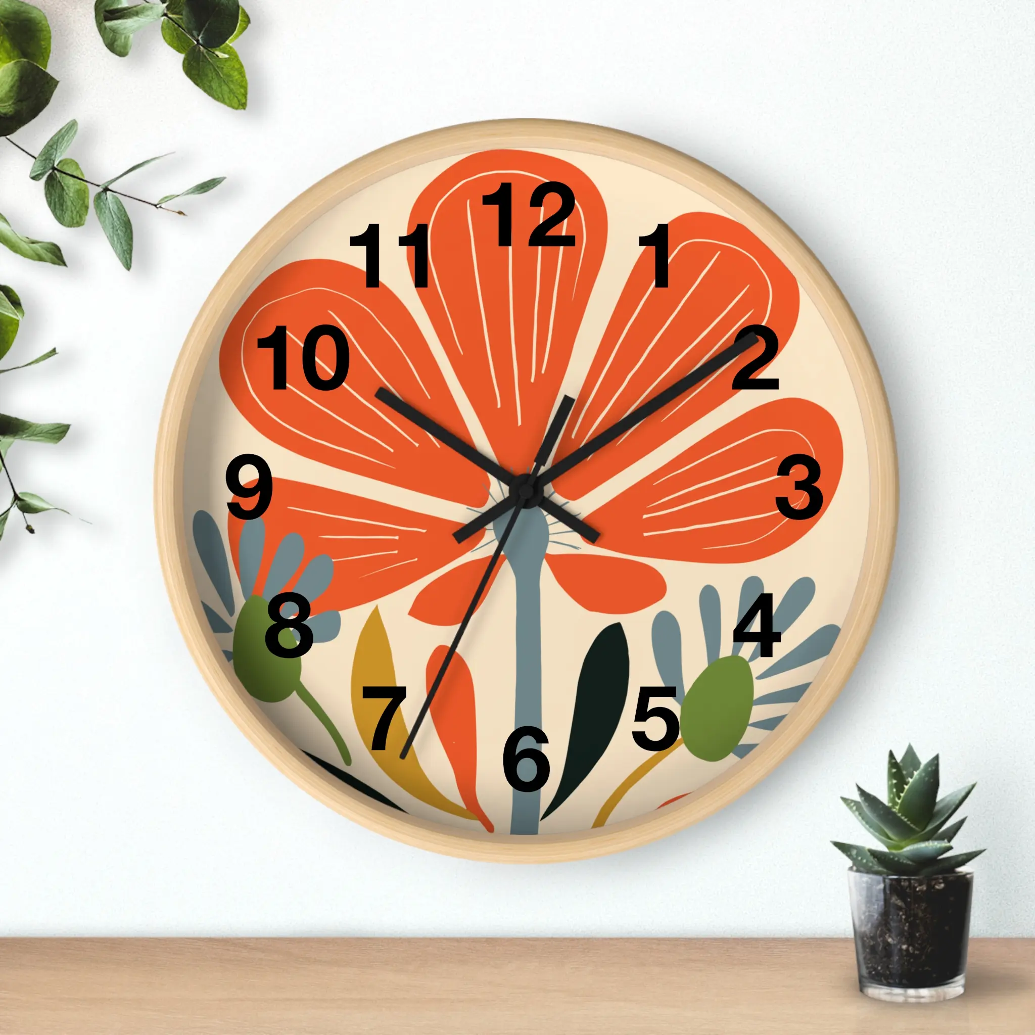 Orange Flower Wall Clock Wooden Base Black or White Hands Decor Gift Metal
