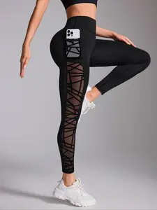 Women's Contrast Mesh Leggings, Comfy Breathable Pockets Skinny Pants for Yoga Gym, Sports Leggings, Workout Clothes Women, Tight Fitting Pants, Stylish Activewear, Athletic Leggings, Athleisure Style Pants