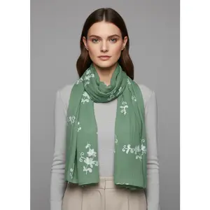 Intricate Floral Pansy Embroidered Light Weight Summer Shawl Scarf Wrap Mint