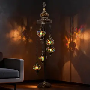 MOZAIST 5 Globe Turkish Mosaic Floor Lamp with Bulbs Handmade Multi Globe Moroccan Standing Lamp Authentic Stained Glass Light Bohemian Home Decor 52 Inches High